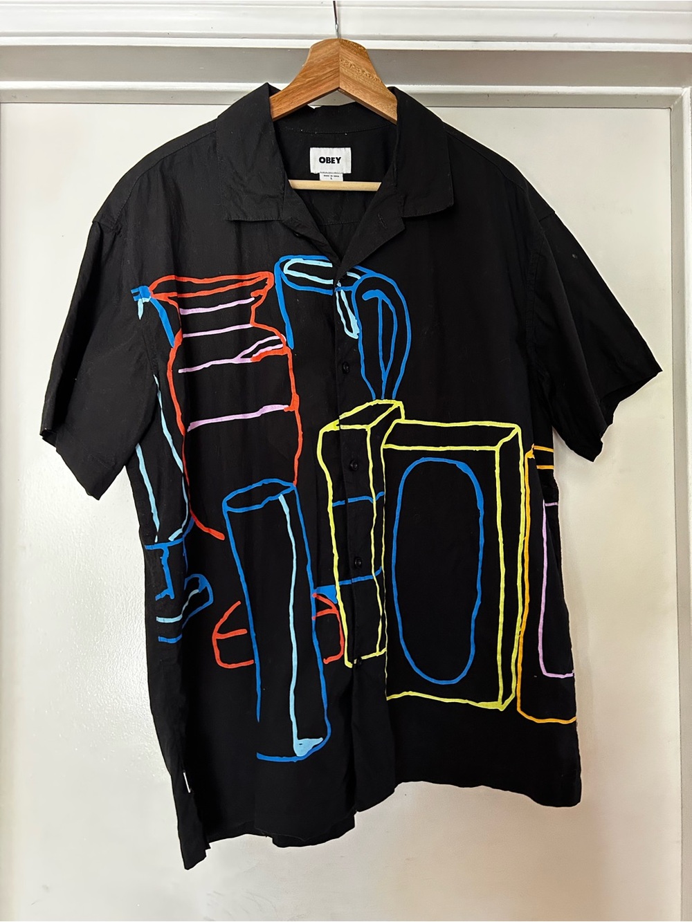 Obey Black Short-Sleeve Button-Up Shirt with Multicolor Abstract Print